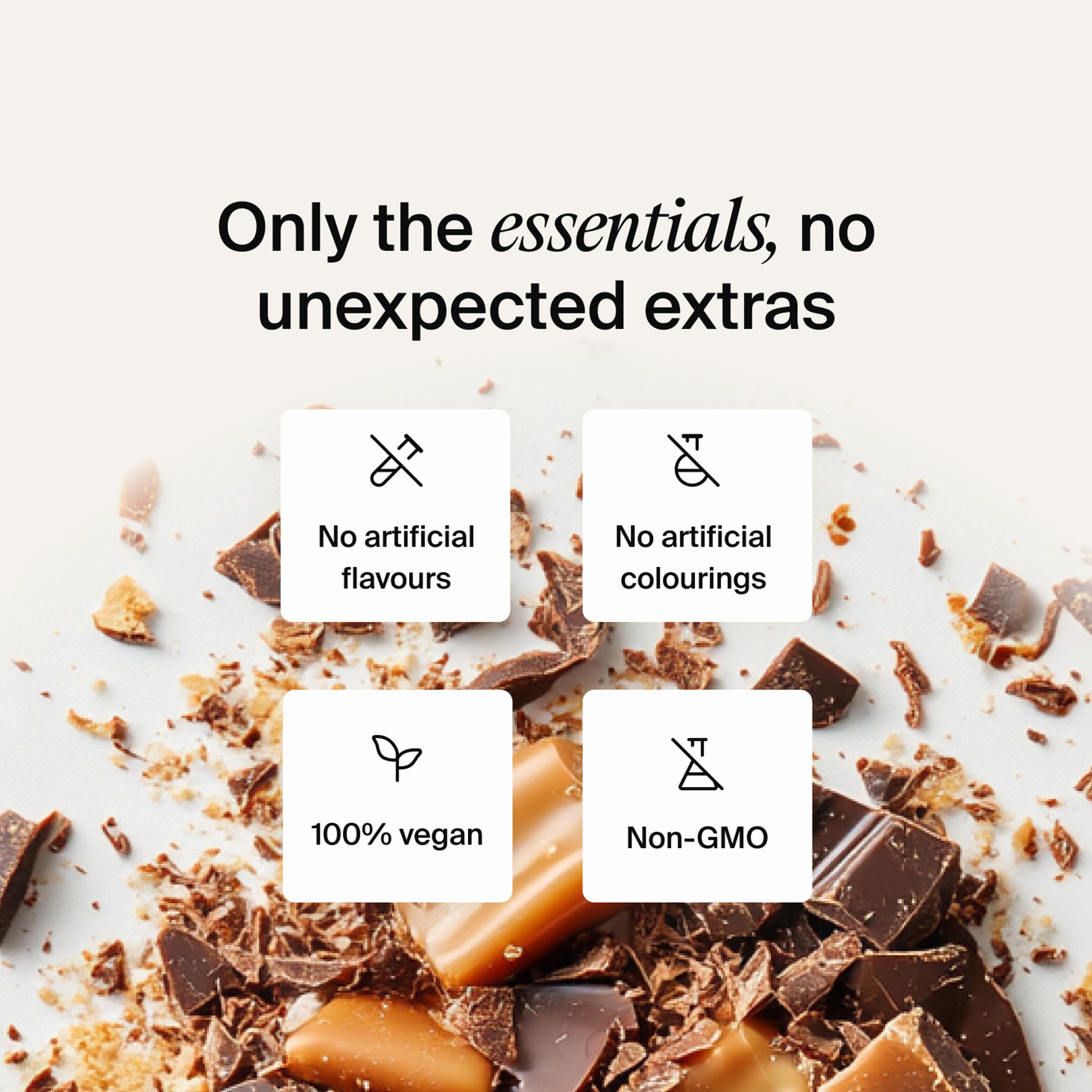 An extreme close-up of swirling caramel with key Huel health benefits overlayed
