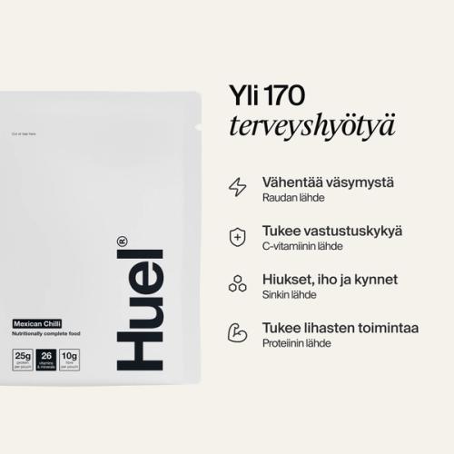 Huel Hot & Savoury -annospussi neutraalinvärisellä taustalla