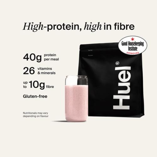 Alt: Huel Black Edition Powder bag with a prepared shake, alongside text highlighting 40g protein, 26 vitamins and minerals, up to 10g fibre, and that it is gluten-free.