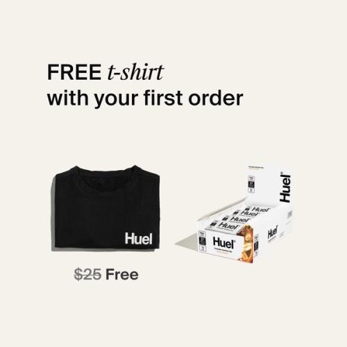 A box of Huel complete nutrition bars on a neutral background next to a black Huel t-shirt