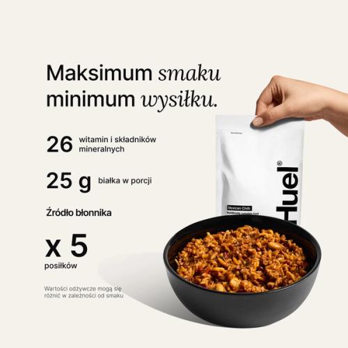 Torba Huel Hot & Savoury na neutralnym tle z napisem „Prozdrowotne właściwości” obok