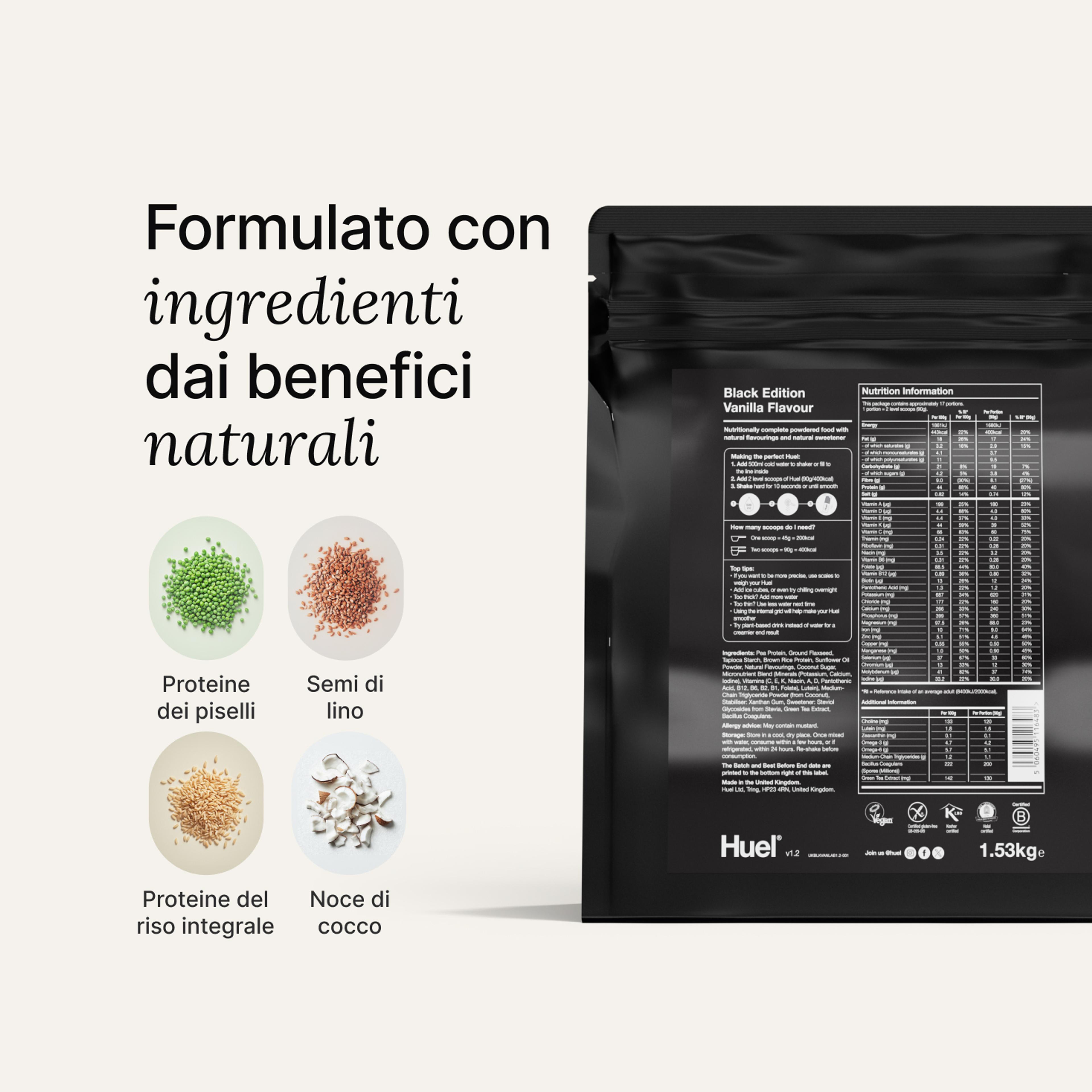 Retro della confezione BE Powder con ingredienti