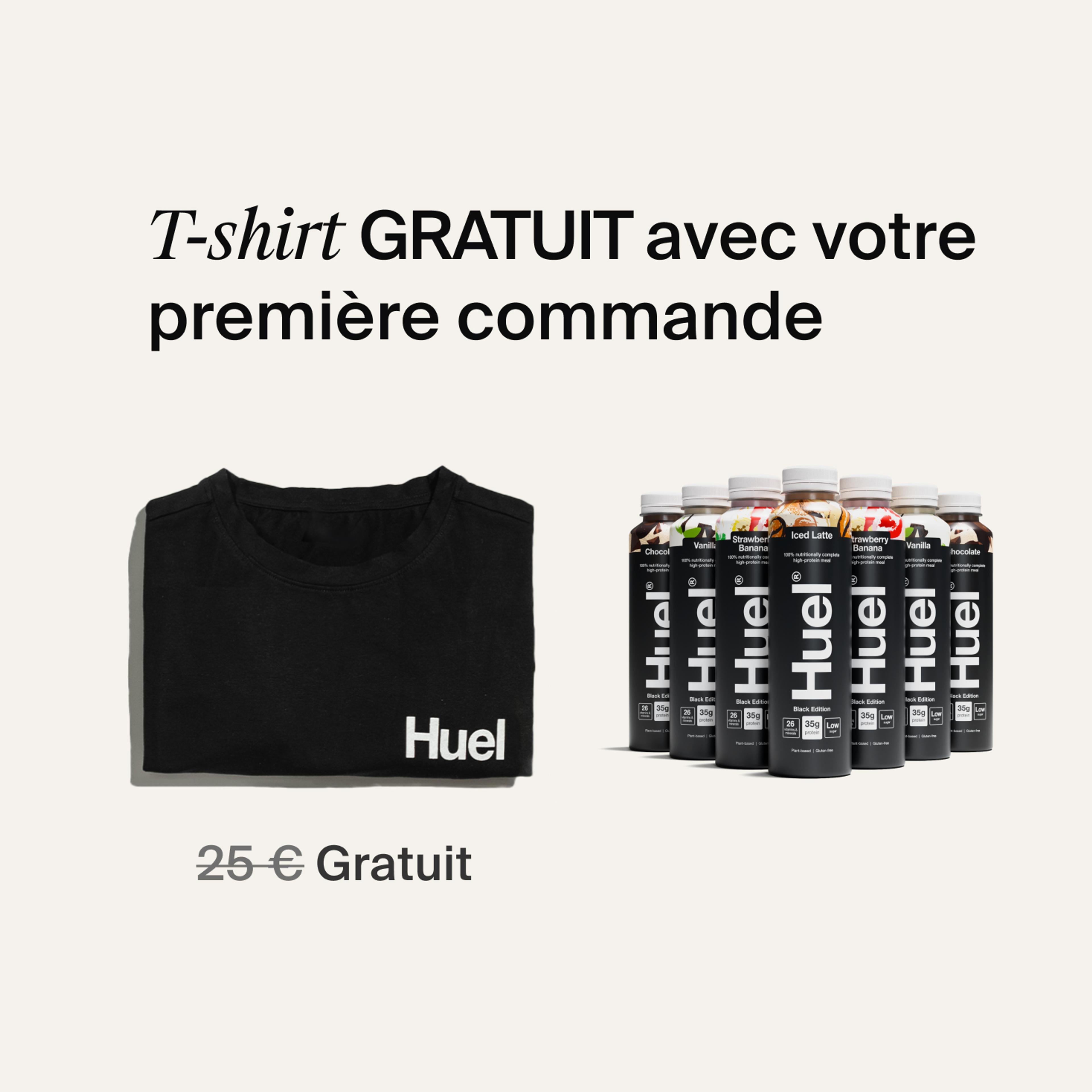 A selection of Huel Black Edition Ready-to-drink protein drinks next to a folded Black Huel t-shirt