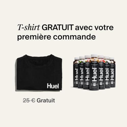 A selection of Huel Black Edition Ready-to-drink protein drinks next to a folded Black Huel t-shirt
