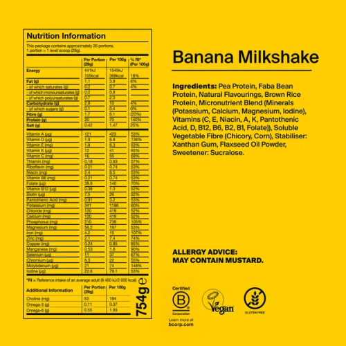 the back of a Huel complete protein powder bag containing nutritional information