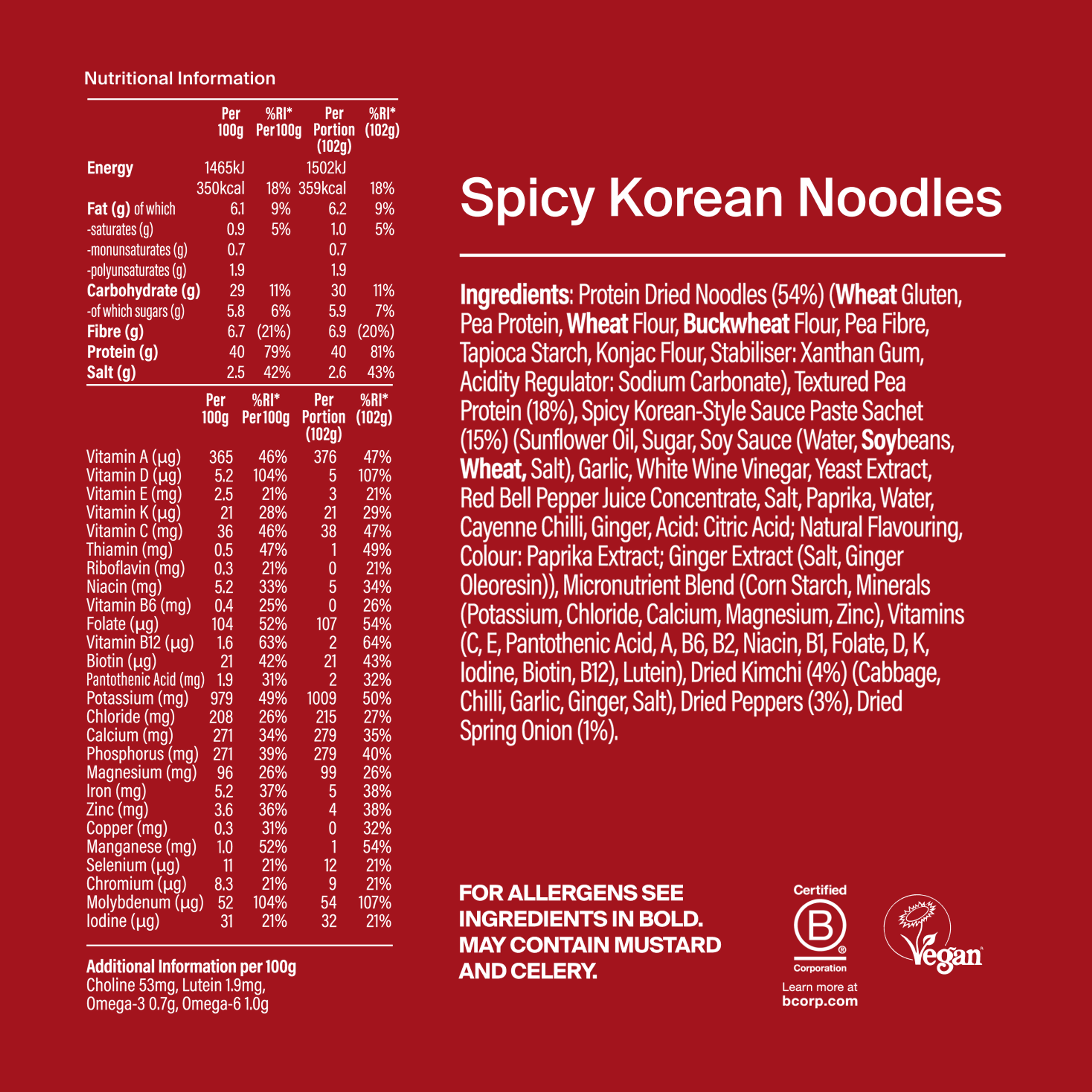 Back of a Huel Black Edition Ramen with nutritional information - Spicy Korean Noodles