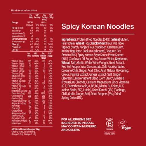 Back of a Huel Black Edition Ramen with nutritional information - Spicy Korean Noodles