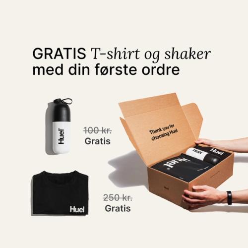 Image of a Huel unboxing, shaker and black t-shirt