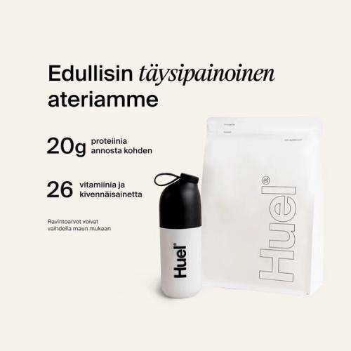 Valkoinen Huel Essential -pussi ja Huel ravistin neutraalin värisellä taustalla