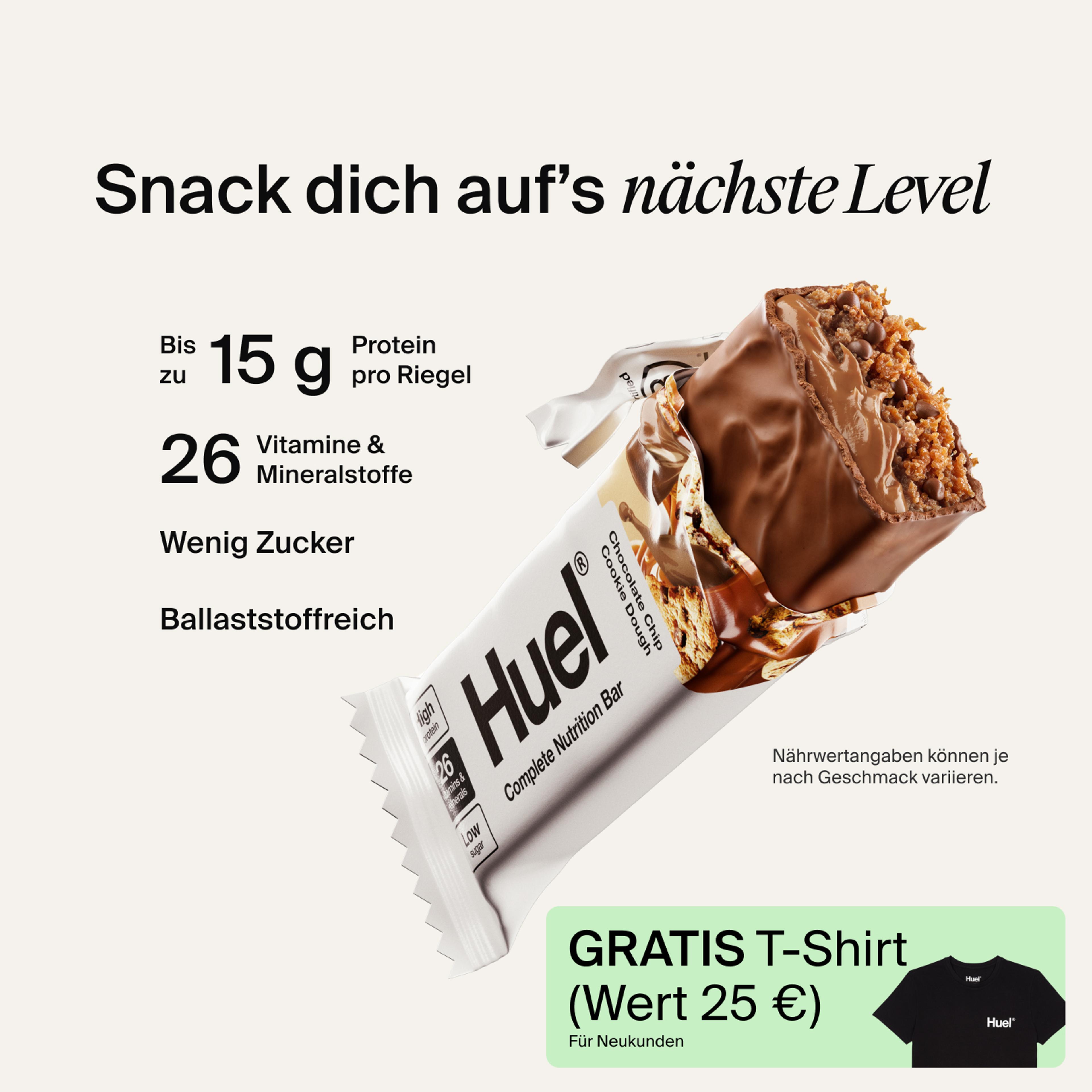 A Huel Complete Nutrition bar with a peanut and caramel filling, set against a beige-colour background