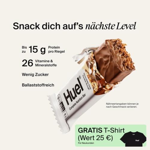 A Huel Complete Nutrition bar with a peanut and caramel filling, set against a beige-colour background