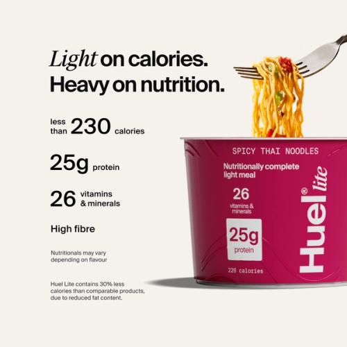 Alt: Huel Ramen Lite pot with noodles being lifted, alongside text highlighting fewer than 230 calories, 25g protein, 26 vitamins and minerals, and high fibre.