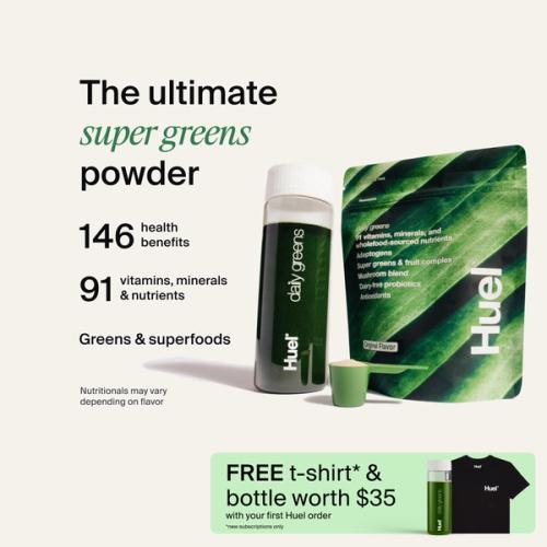 A picture of a Daily Greens bottle with nutrition callouts