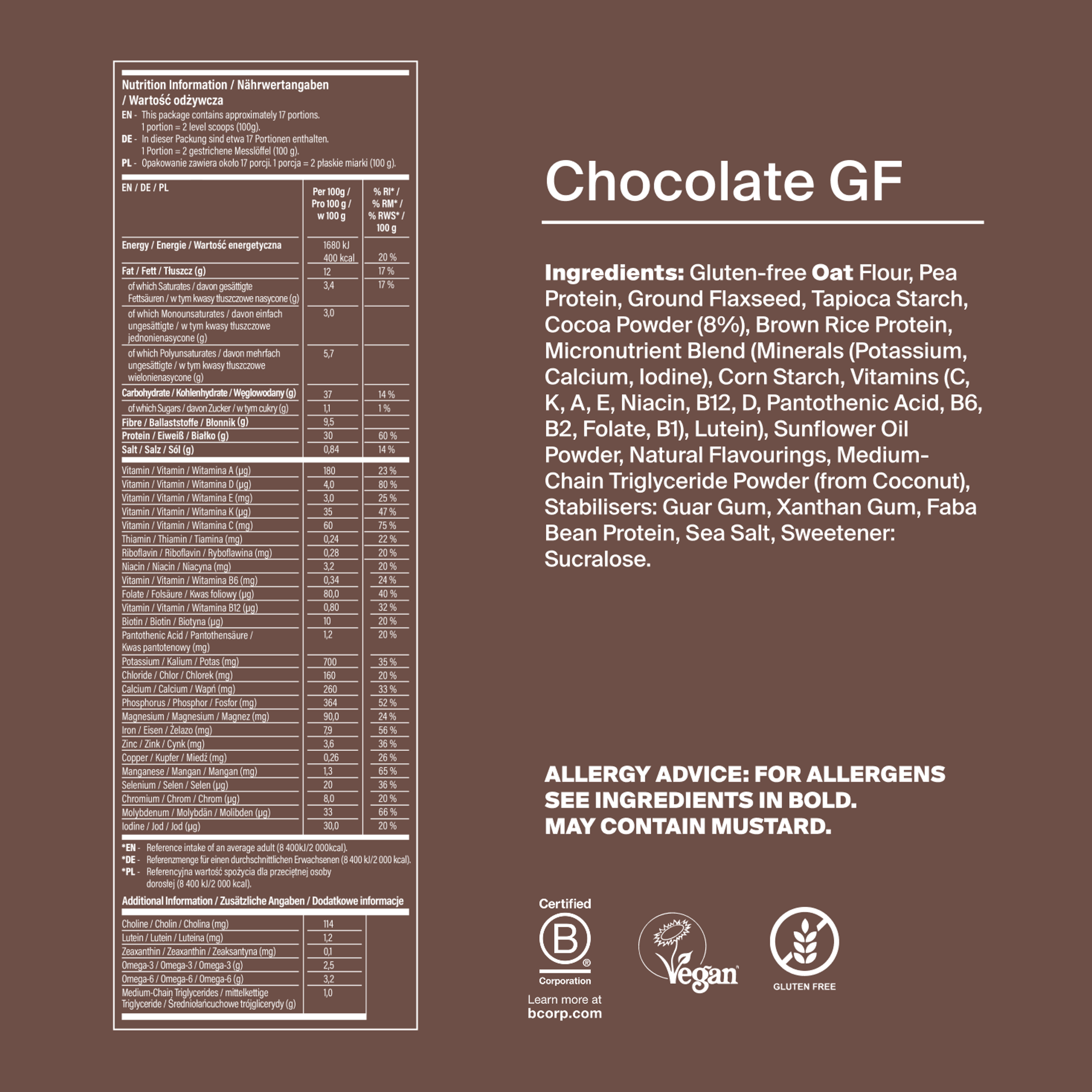 Back of pack nutritional information for Huel Gluten-Free Powder