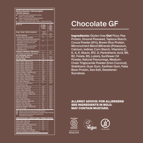 Back of pack nutritional information for Huel Gluten-Free Powder
