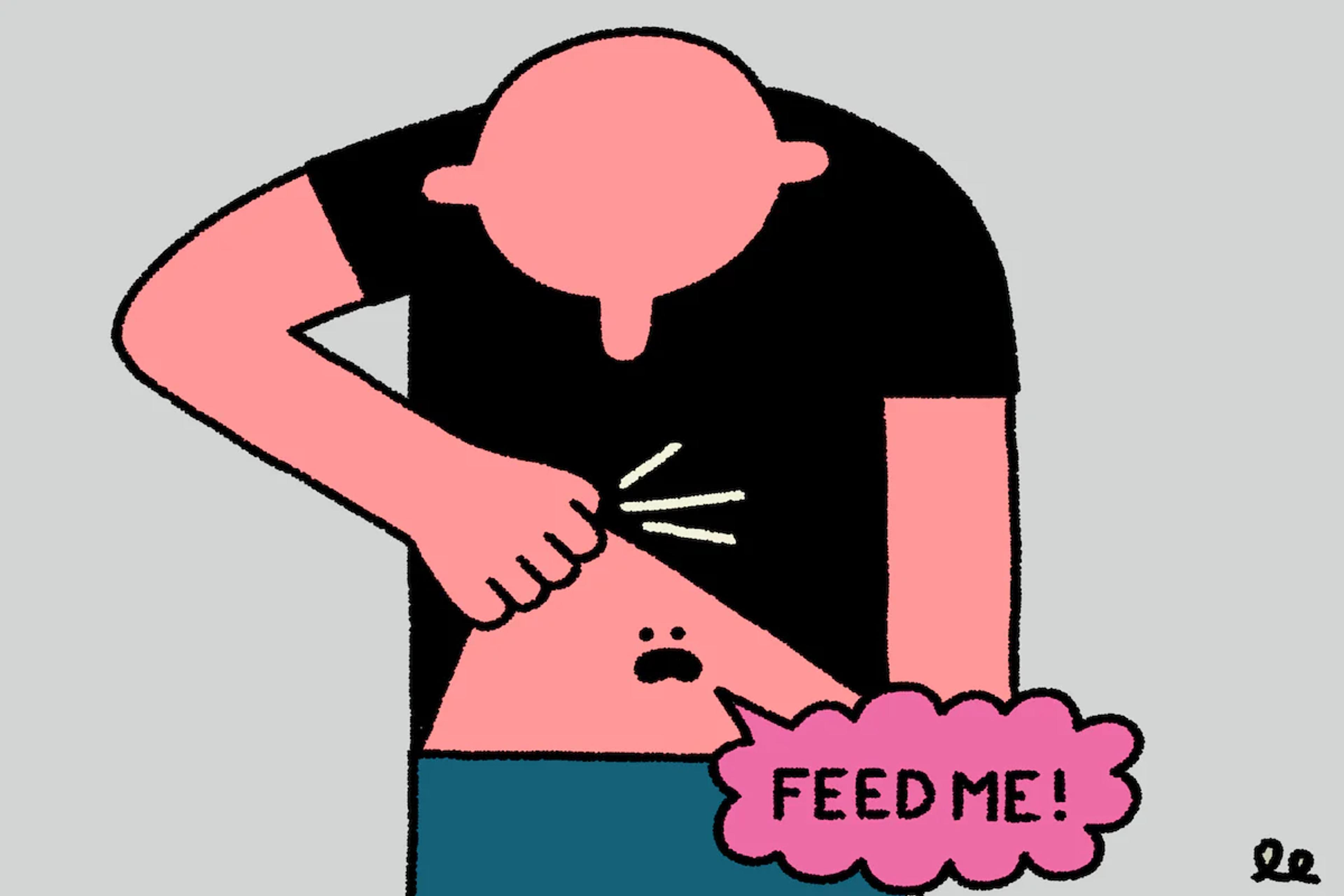 cartoon man lifting his shirt and his belly button saying feed me