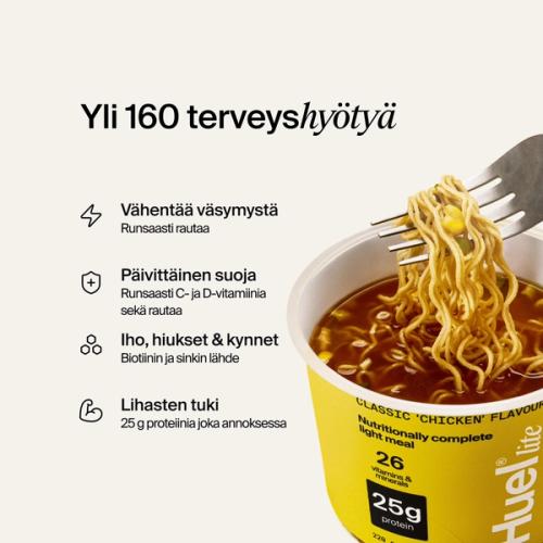 Avattu Huel Lite Ramen -astia neutraalilla taustalla, hyödyt lueteltuna.