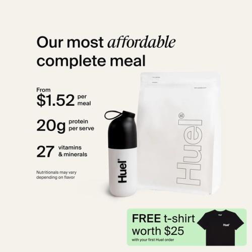 A white pouch of Huel Essential and a Huel shaker on a neutral colour background
