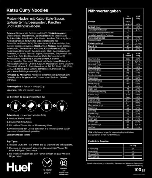 Back of a Huel Black Edition Ramen with nutritional information