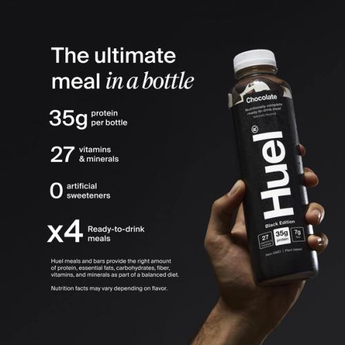 A bottle of Chocolate Huel Black Edition Ready-to-drink high-protein meal drink