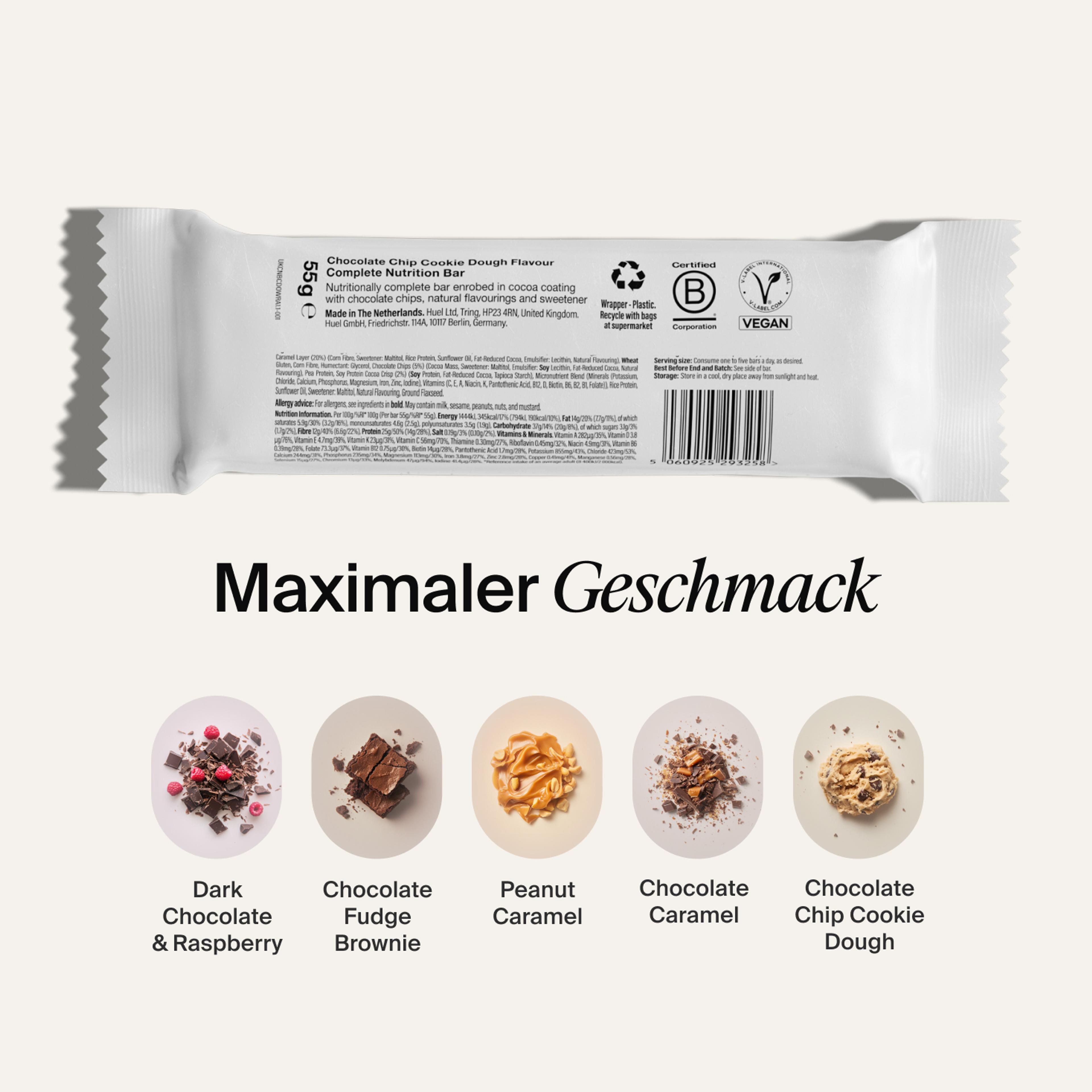 The back-of-pack label of a Huel Complete Nutrition Bar accompanied by images of ingredients