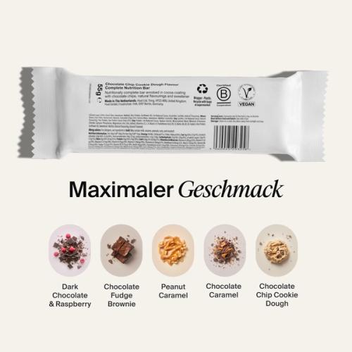 The back-of-pack label of a Huel Complete Nutrition Bar accompanied by images of ingredients