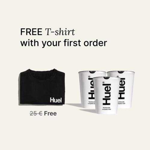 Free t-shirt & delivery with your first order wording with imagery of the free T-shirt alongside 3 Huel Pots