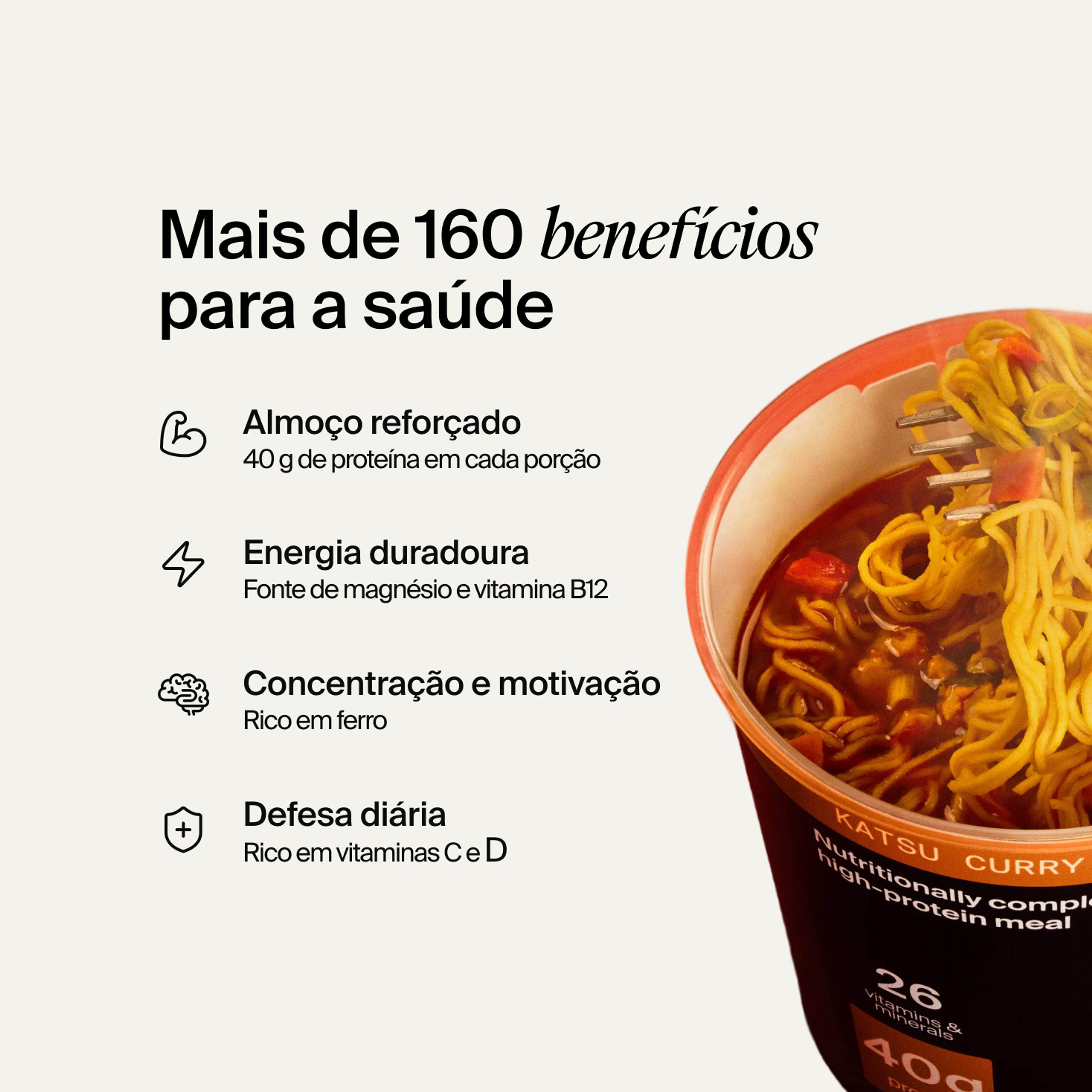 An open pot of Huel Black Edition Ramen on a neutral colour background with benefits listed