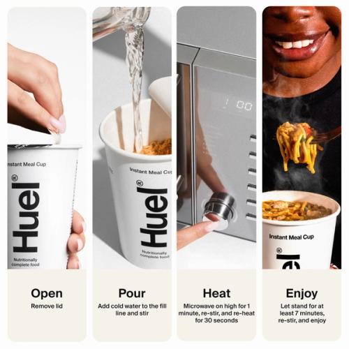 How to make Pots- Open lid half way, add boiling water to fill line, stir and let stand for 5 mins, enjoy