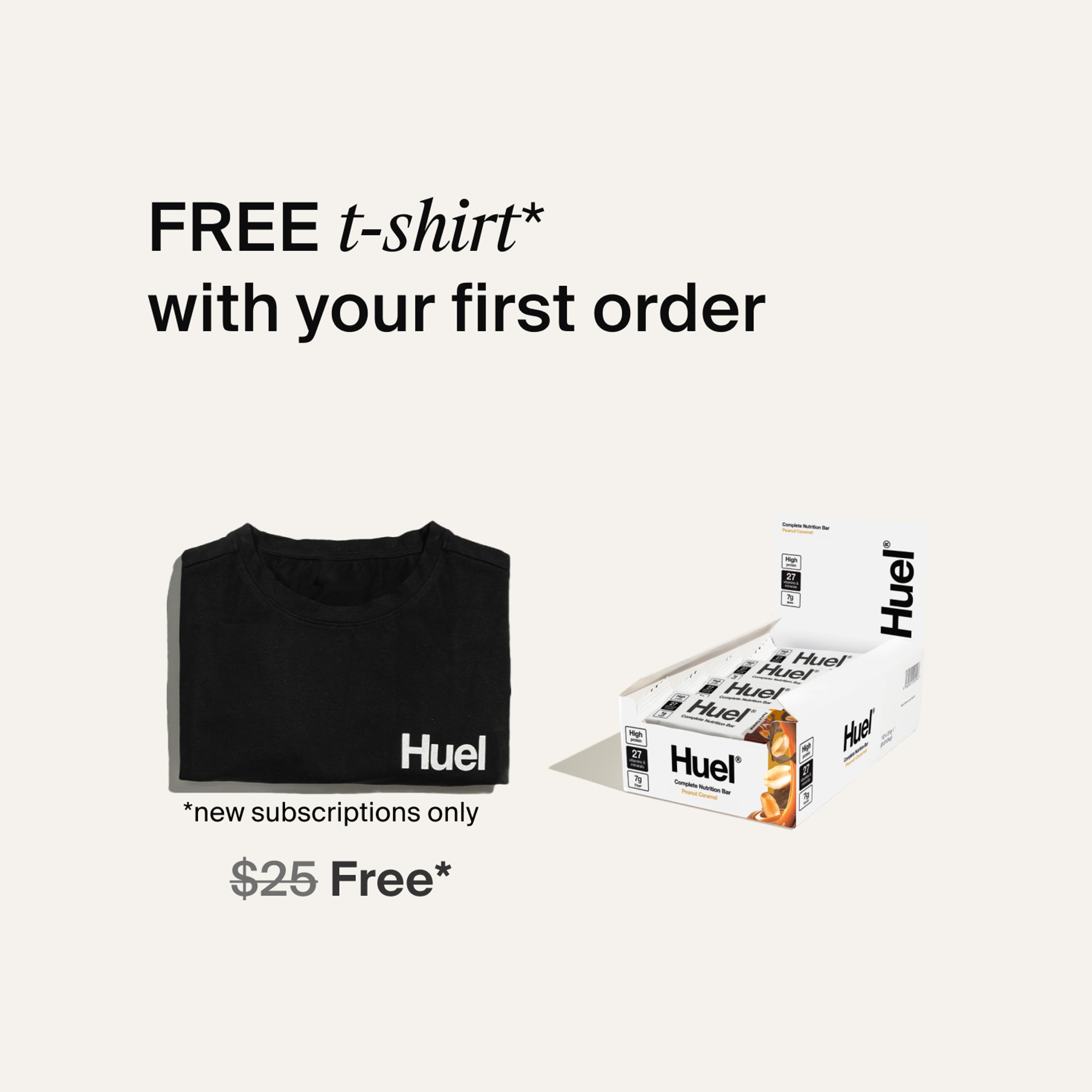 A box of Huel complete nutrition bars on a neutral background next to a black Huel t-shirt