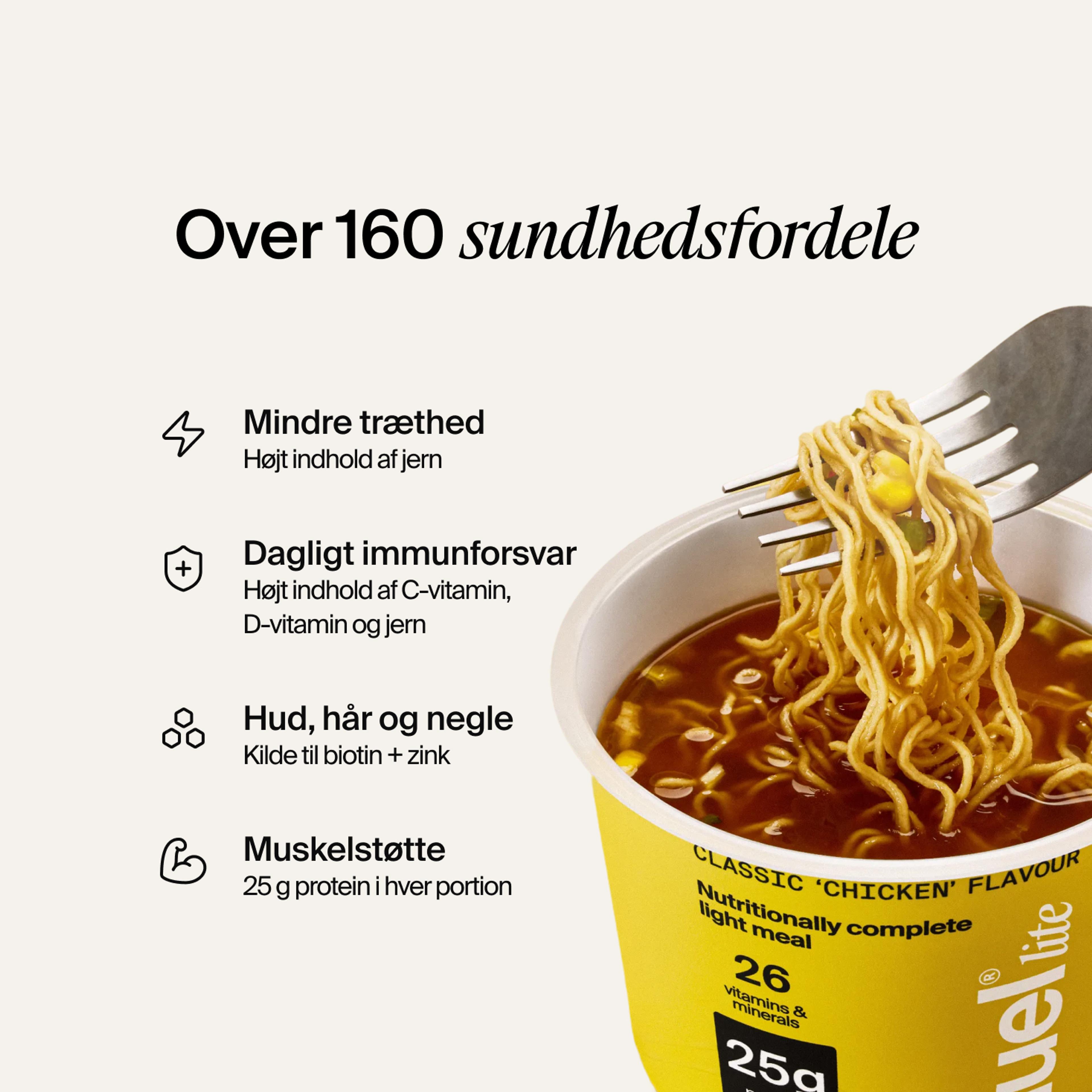 Et åbent bæger Huel Lite Ramen på en neutralfarvet baggrund med fordelene oplistet