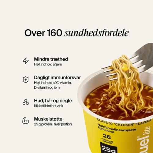 Et åbent bæger Huel Lite Ramen på en neutralfarvet baggrund med fordelene oplistet
