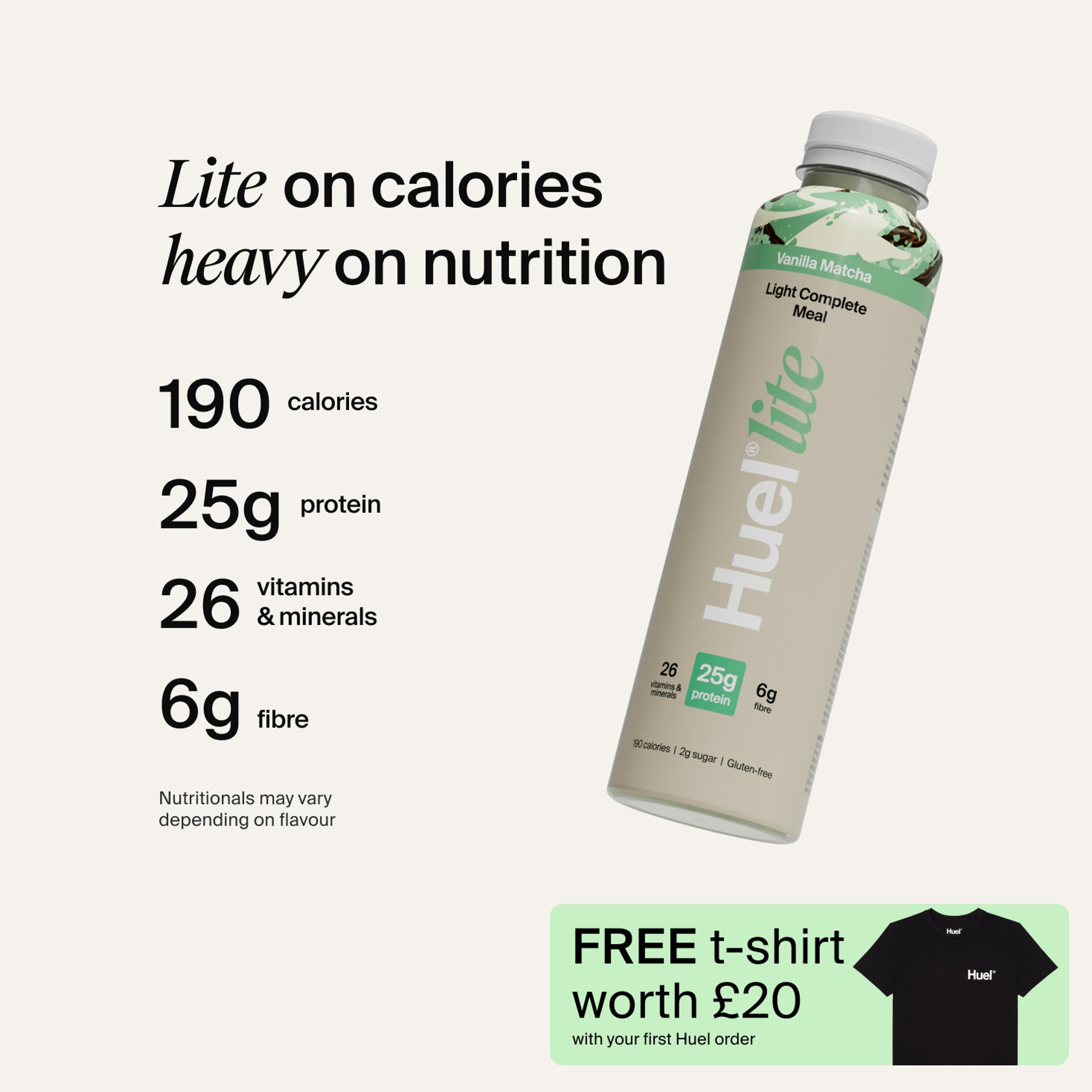 A picture of a Huel's lite ready-to-drink bottle in Vanilla Matcha with nutrition callouts
