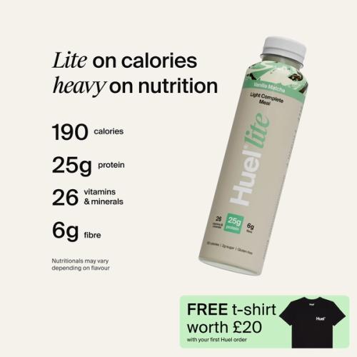A picture of a Huel's lite ready-to-drink bottle in Vanilla Matcha with nutrition callouts