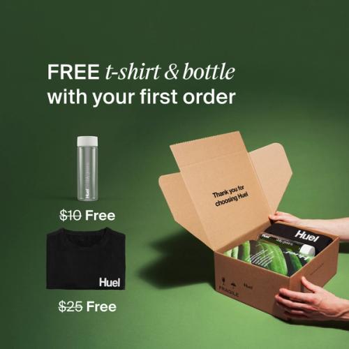 Unboxing a Huel order containing Daily Greens powder, a black Huel t-shirt, and a clear bottle, set against a green background.