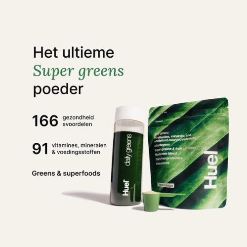 A picture of a Daily Greens bottle with nutrition callouts