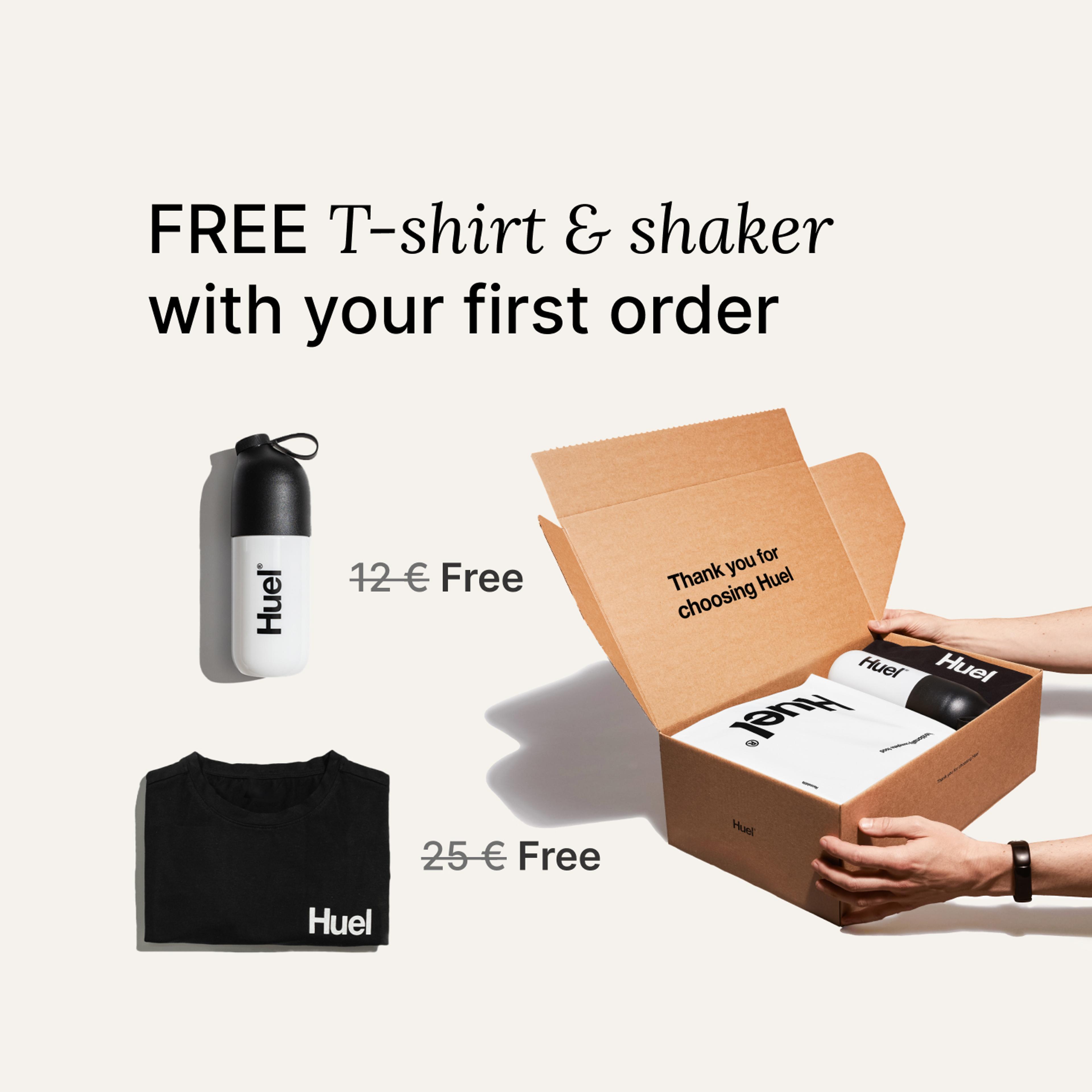 Unboxing a Huel starter kit containing a black Huel t-shirt and a Huel shaker