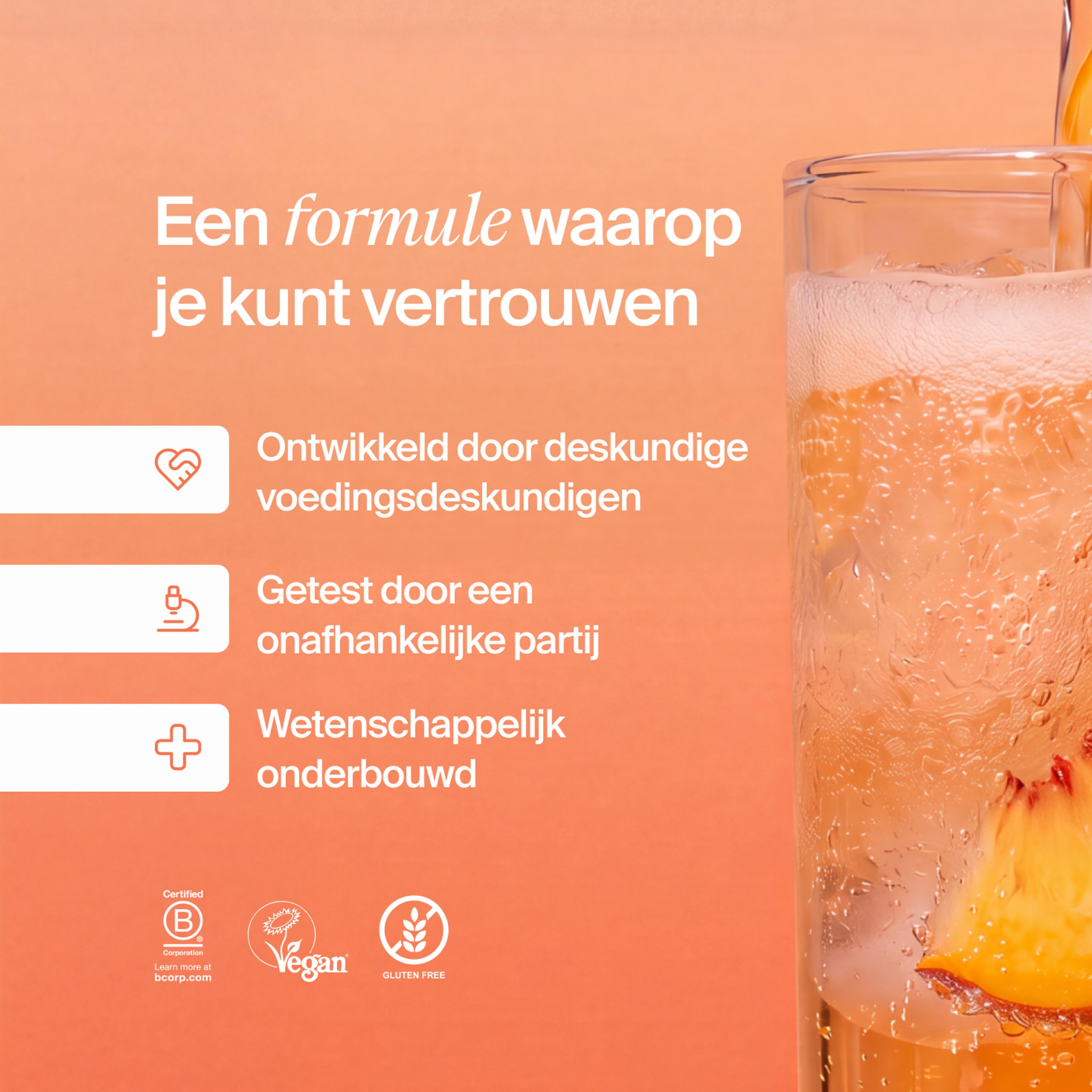Een formule waarop je kunt vertrouwen. Ontwikkeld door deskundige voedingsdeskundigen, streng getest en wetenschappelijk onderbouwd. Met de logo's van Certified B Corps, KLBD en de Vegan Society