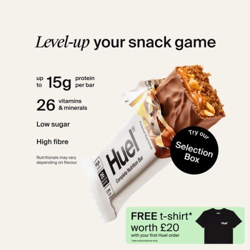 A Huel Complete Nutrition bar set against a beige-colour background