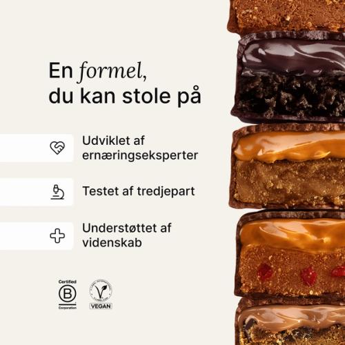A stack of Huel caramel and peanut bars next to scientific claims about Huel products