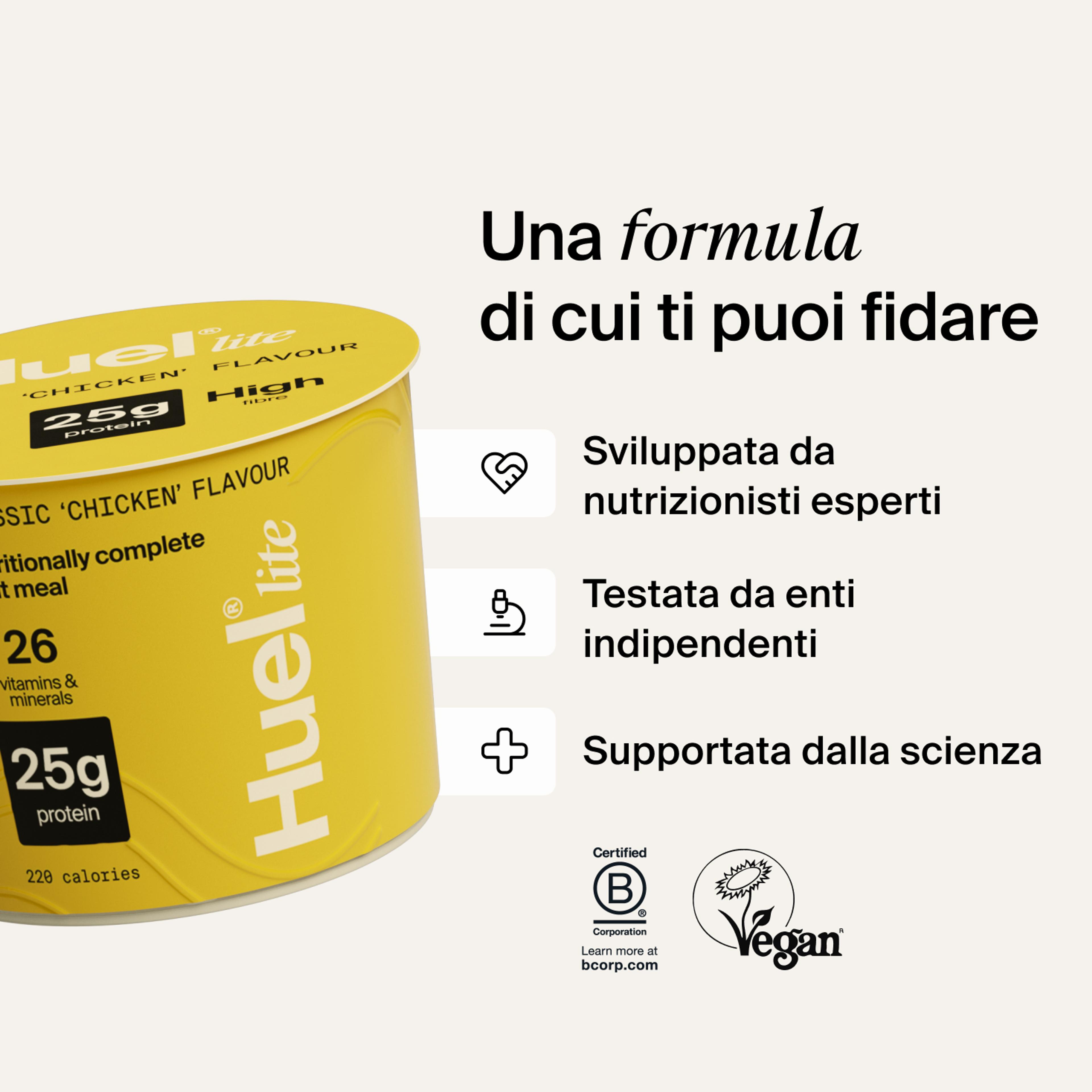 Un contenitore di Huel Lite Ramen accanto a vari callout e loghi