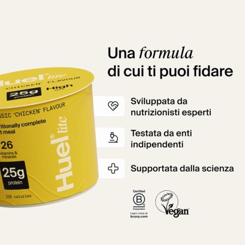 Un contenitore di Huel Lite Ramen accanto a vari callout e loghi