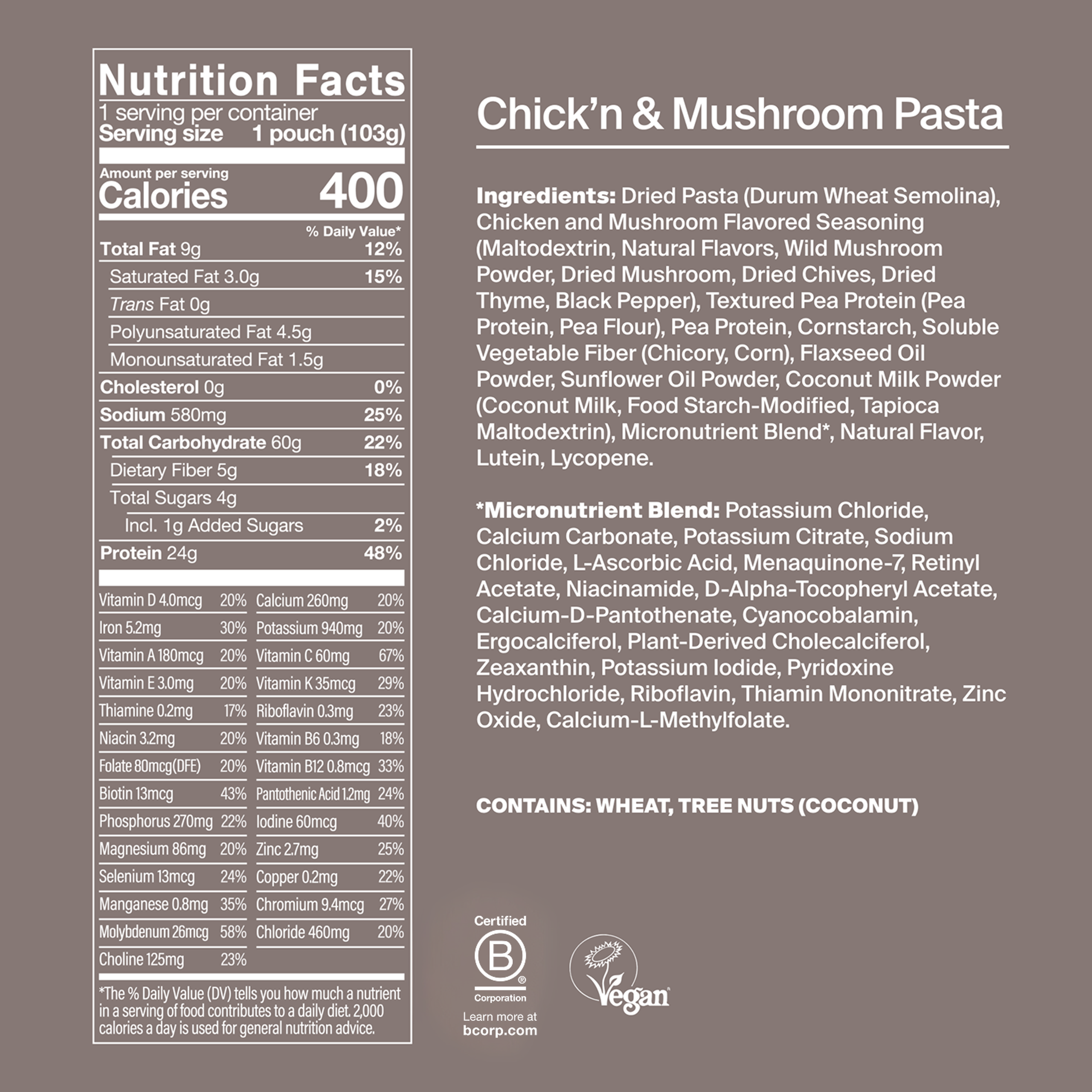 Back of a Huel Hot & Savoury meal pack with nutritional information
