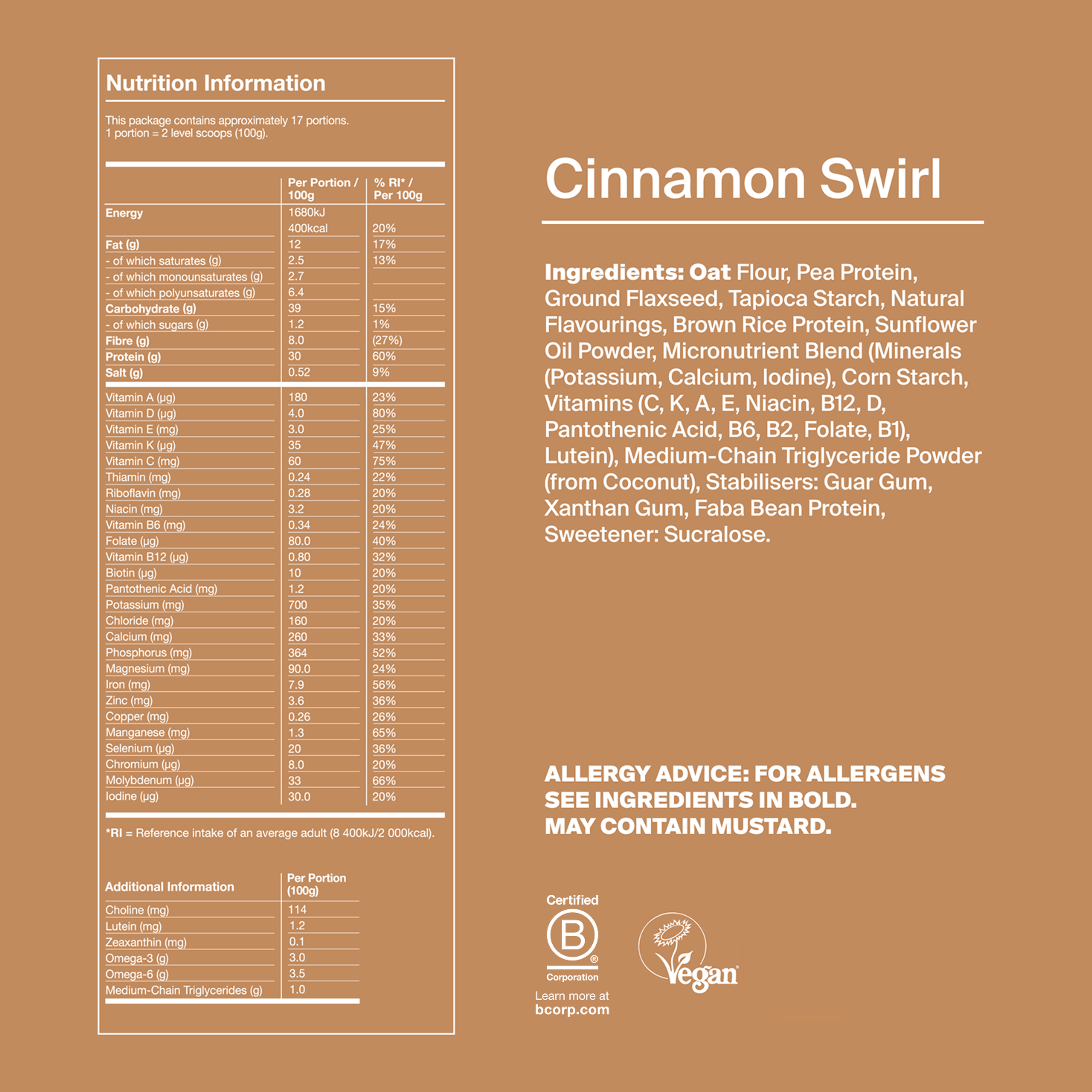 Back of pack nutritional information for Huel Powder