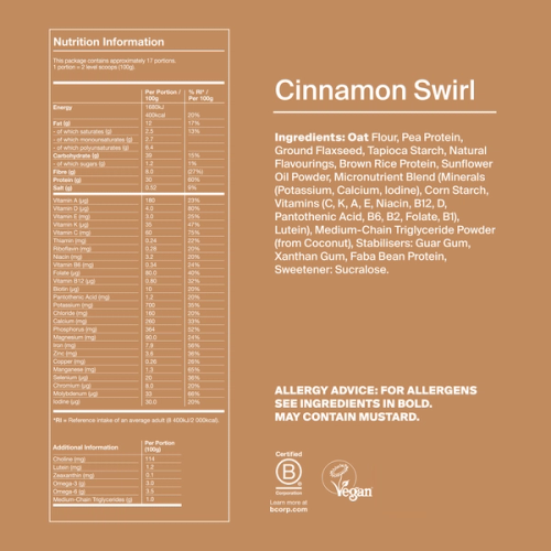 Back of pack nutritional information for Huel Powder