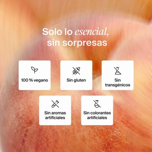 Justo lo que necesitas, nada que no necesites. De origen vegetal, sin gluten, sin OGM, sin aromas artificiales, sin colorantes artificiales