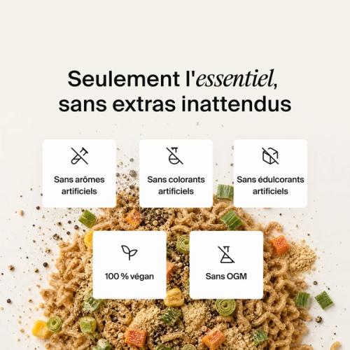 Dried vegetables, herbs and noodles mixed on a neutral colour background