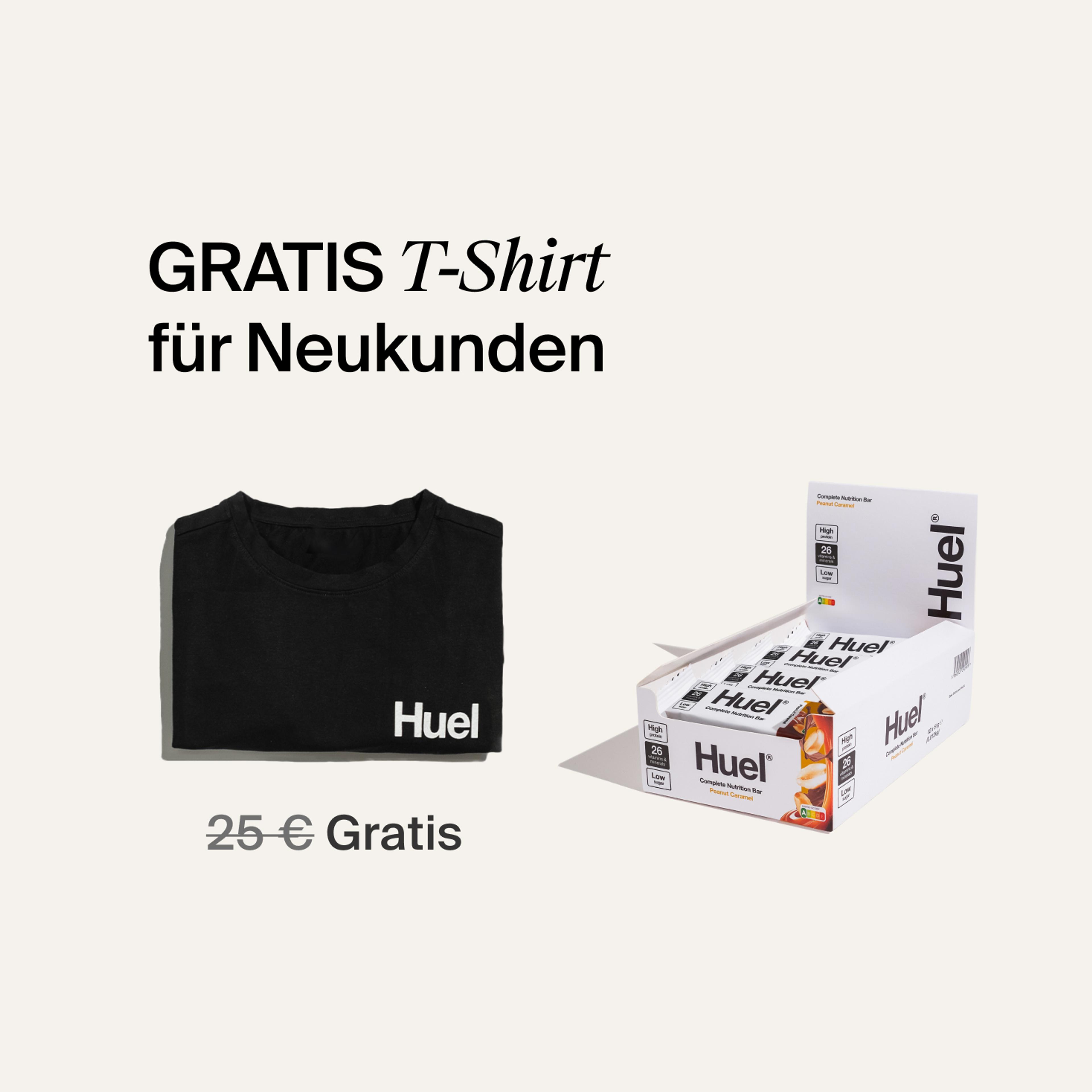 A box of Huel complete nutrition bars on a neutral background next to a black Huel t-shirt