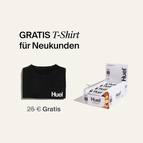 A box of Huel complete nutrition bars on a neutral background next to a black Huel t-shirt
