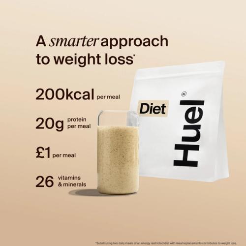 Alt: Huel Diet Powder bag with a prepared shake, alongside text highlighting 200 calories per meal, 20g protein per meal, £1 per meal, and 26 vitamins and minerals.
